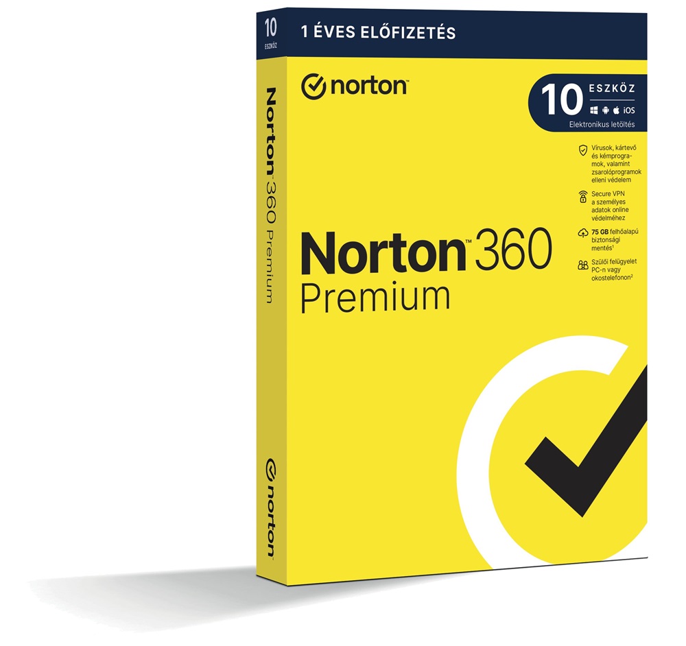 Norton 360 Premium 75GB HUN 1 Felhasználó 10 gép 1 éves dobozos vírusirtó szoftver