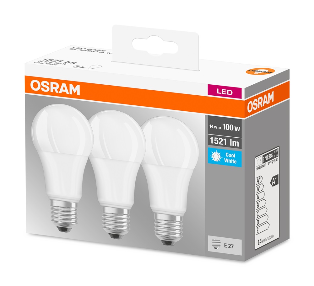 Osram Base matt műanyag búra/14W/1521lm/4000K/E27 LED körte izzó 3 db