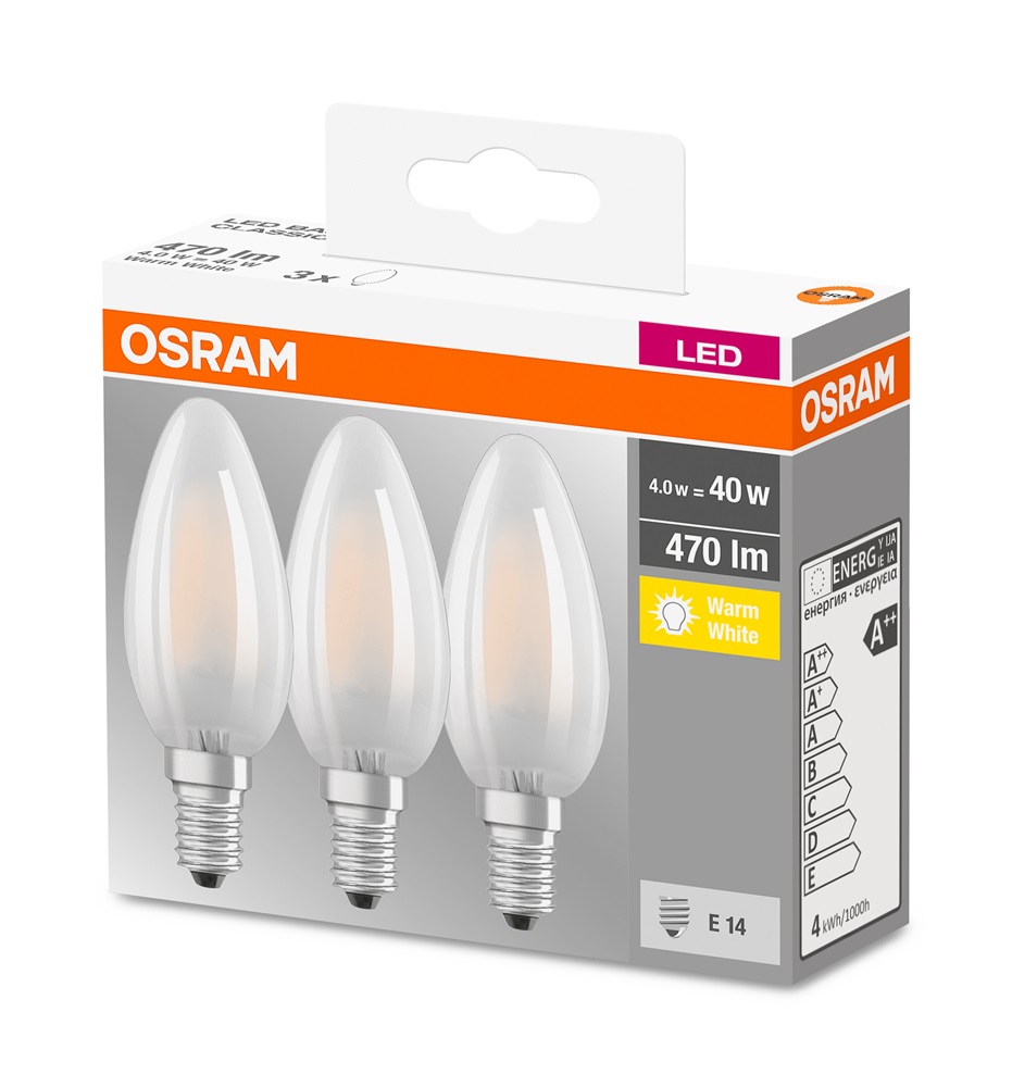 Osram Base matt üveg búra/4W/470lm/2700K/E14 LED gyertya izzó 3 db