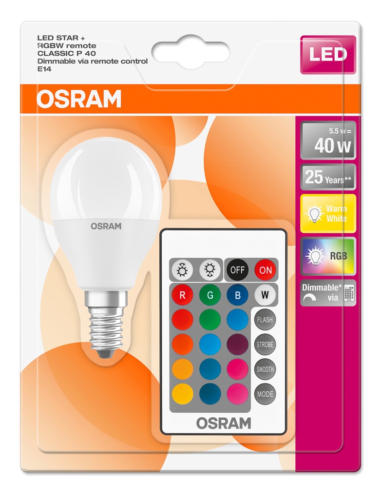 Osram Star+ RGBW/matt búra/5,5W/470lm/2700K/E14 távirányítható LED kisgömb izzó