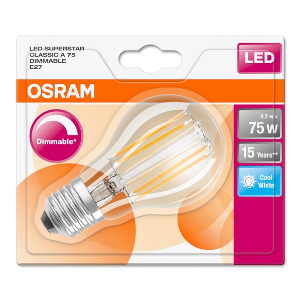 Osram Superstar átlátszó üveg búra/8,5W/1055lm/4000K/E27  szabályozható LED körte izzó