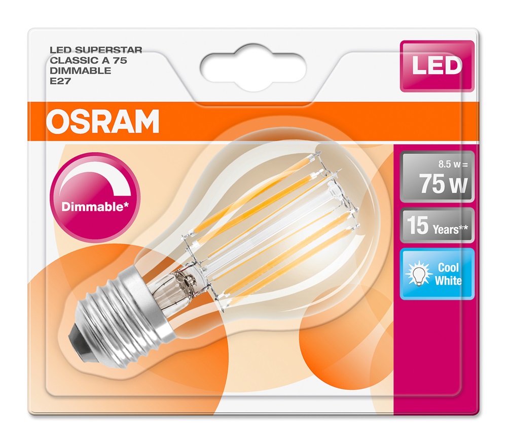 Osram Superstar átlátszó üveg búra/8,5W/1055lm/4000K/E27  szabályozható LED körte izzó