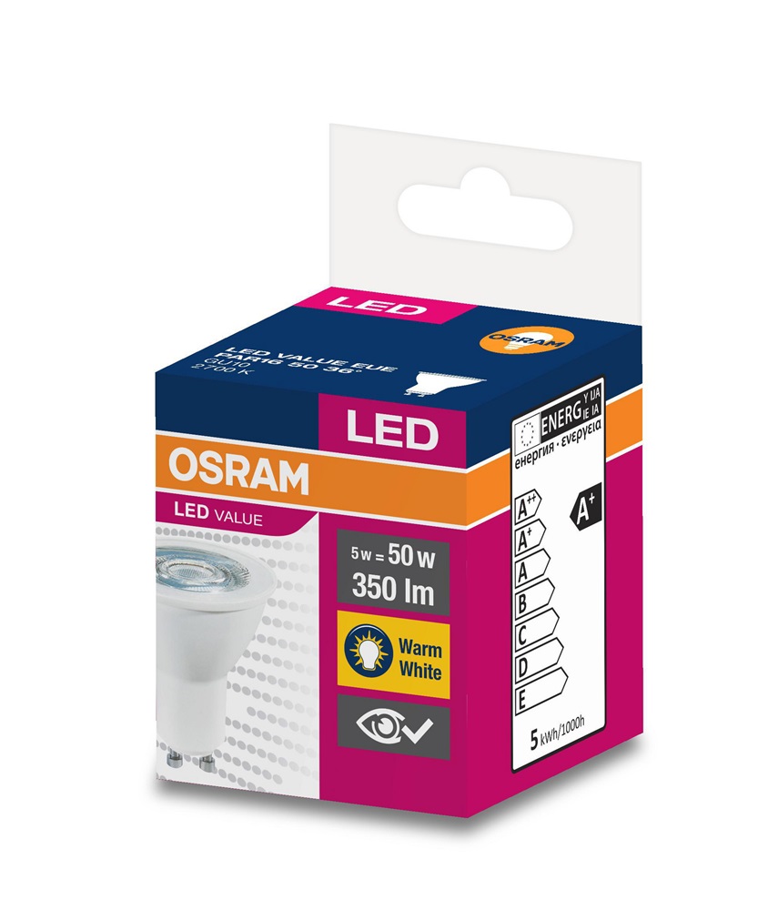 Osram Value PAR16 műanyag ház/5W/350lm/2700K/GU10/230V/36fok/70lm/W LED spot izzó