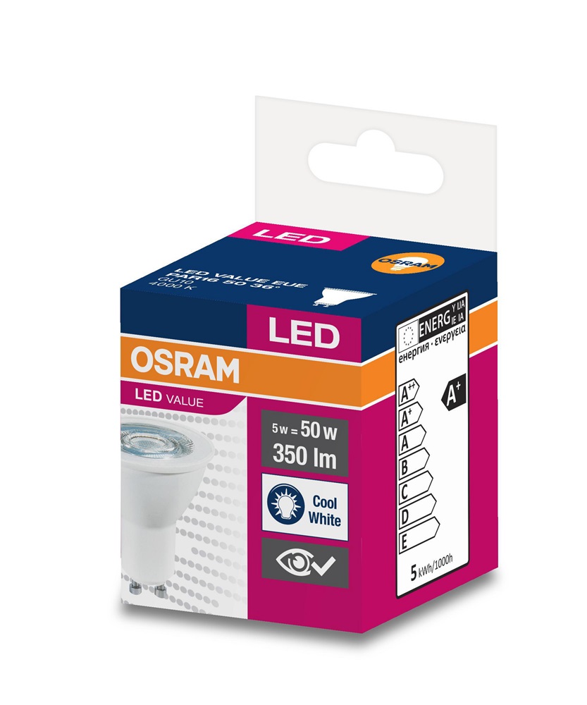 Osram Value PAR16 műanyag ház/5W/350lm/4000K/GU10/230V/36fok/70lm/W LED spot izzó