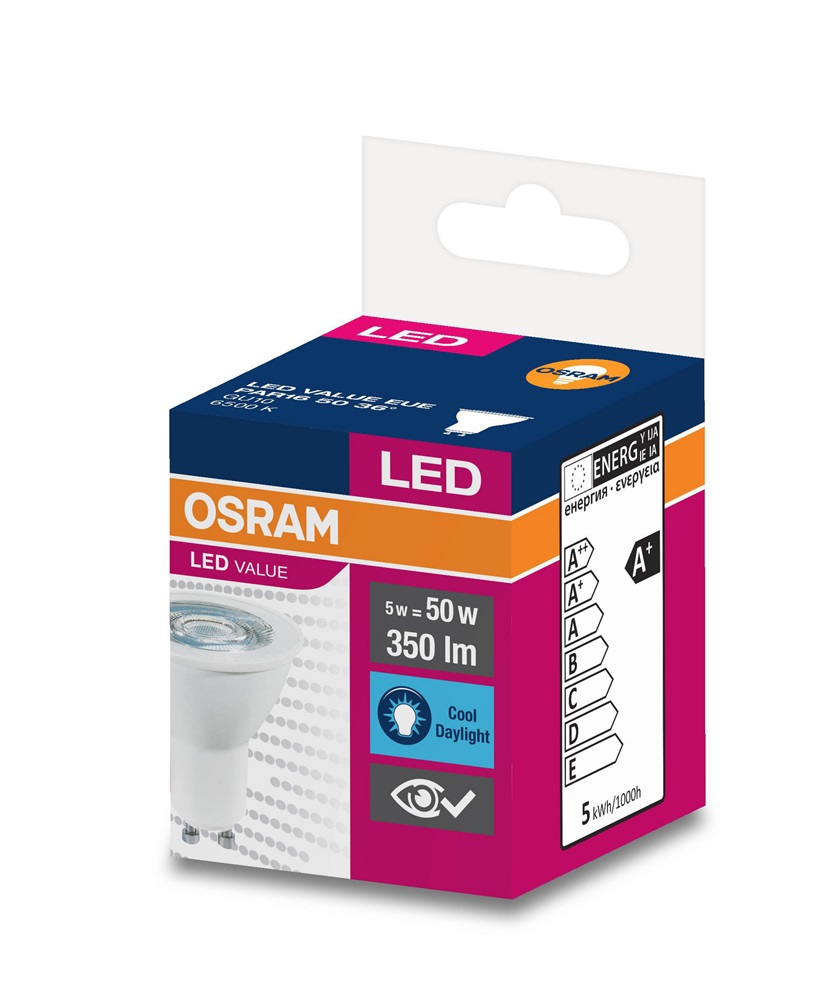Osram Value PAR16 műanyag ház/5W/350lm/6500K/GU10/230V/36fok/70lm/W LED spot izzó