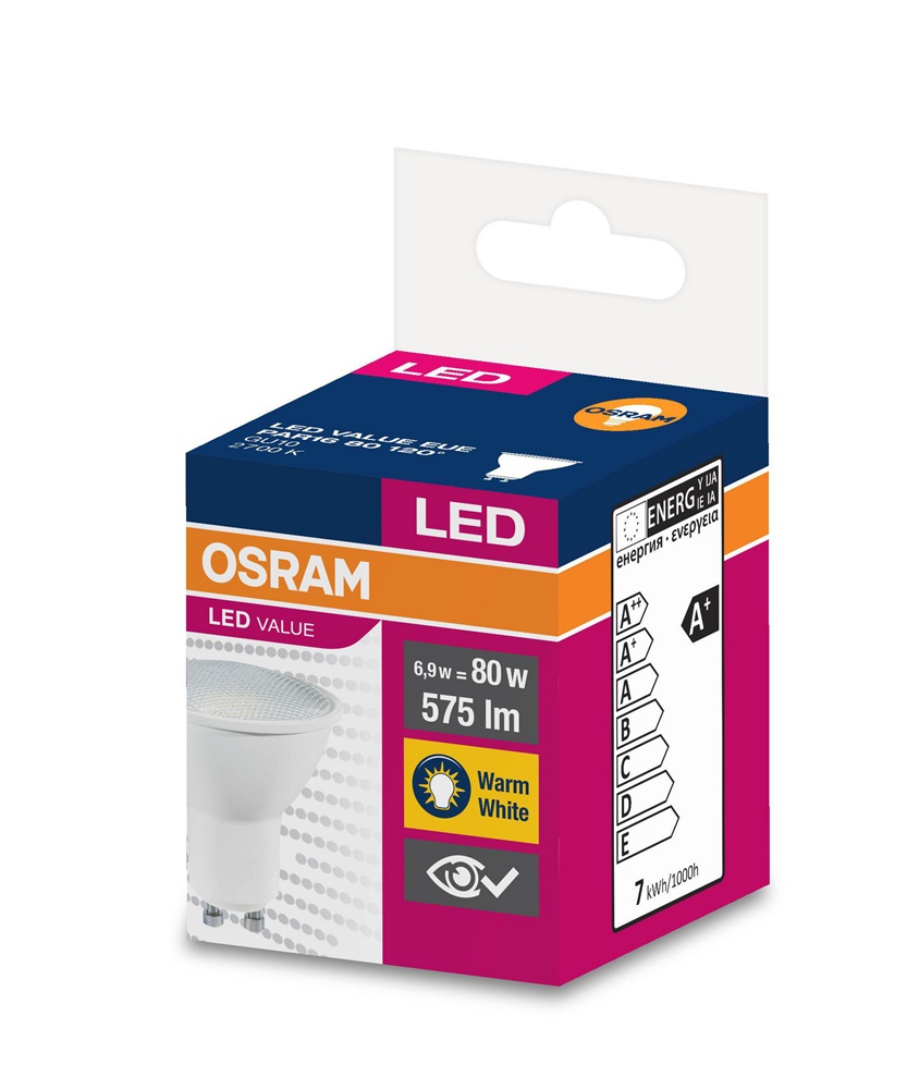 Osram Value PAR16 műanyag ház/6,9W/575lm/2700K/GU10/230V/120fok/83lm/W LED spot izzó