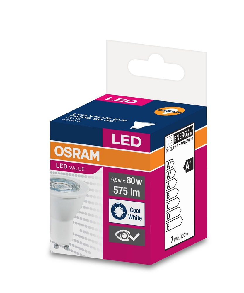 Osram Value PAR16 műanyag ház/6,9W/575lm/4000K/GU10/230V/36fok/83lm/W LED spot izzó