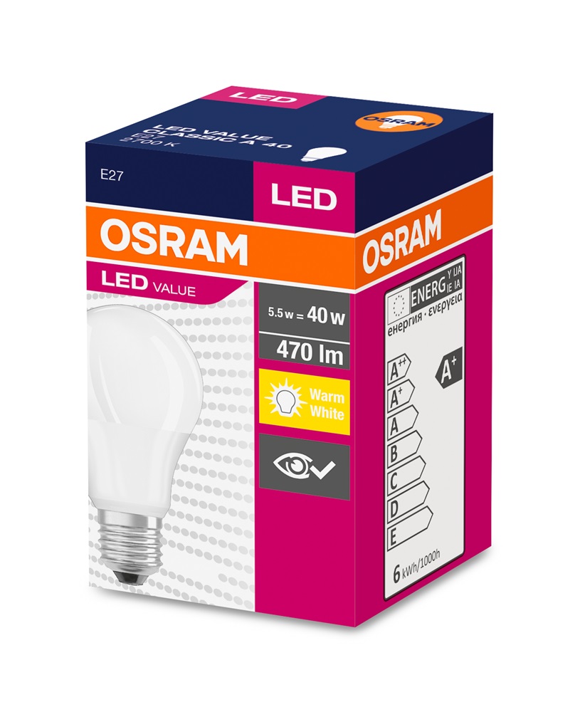 Osram Value opál búra/5,5W/470lm/2700K/E27 LED körte izzó