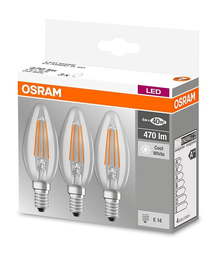 Osram Base átlátszó üveg búra/4W/470lm/4000K/E14/dobozos LED gyertya izzó 3 db