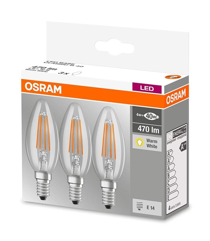 Osram Base átlátszó üveg búra/4W/470lm/2700K/E14/dobozos LED gyertya izzó 3 db