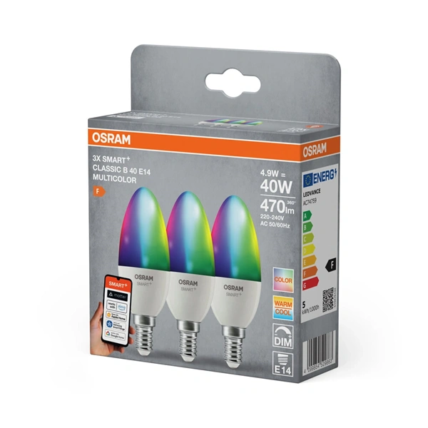 Osram SMART+ MATTER B40 gyertya RGBW, állíth.színhőm.4,9W E14 3DB fényforrás