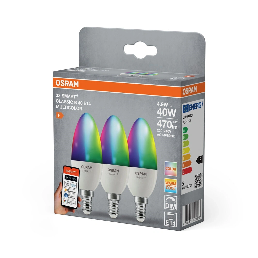 Osram SMART+ MATTER B40 gyertya RGBW, állíth.színhőm.4,9W E14 3DB fényforrás