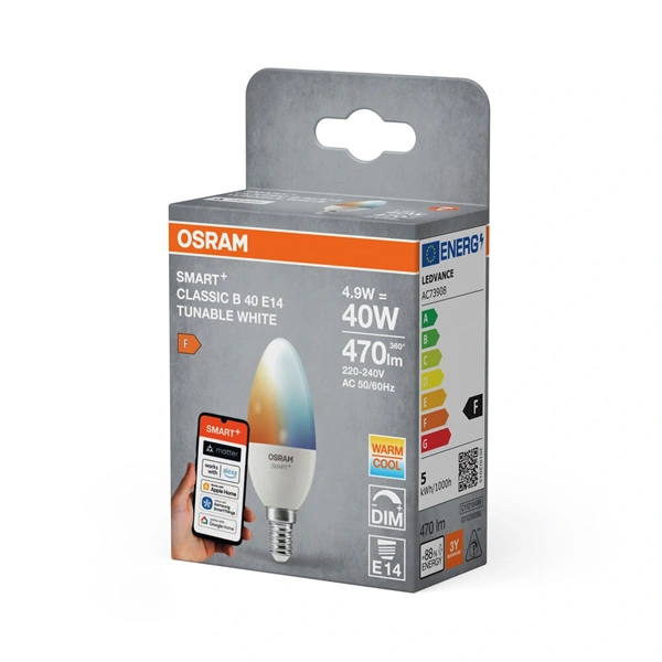 Osram SMART+ MATTER B40 gyertya, állíth.színhőm, 2700K,matt, E14 fényforrás