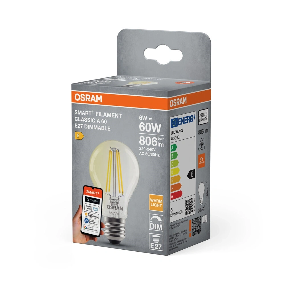 Osram SMART+ MATTER Classic A60, H60W, dimm, 6W, 2700K, E27 fényforrás
