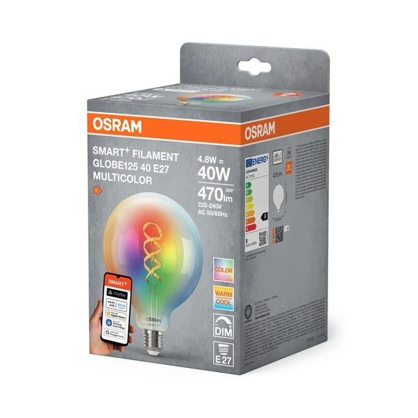 Osram SMART+ MATTER G125 filament RGBW, H40W, állíth.színhőm, 4, 8W, E27 fényforrás