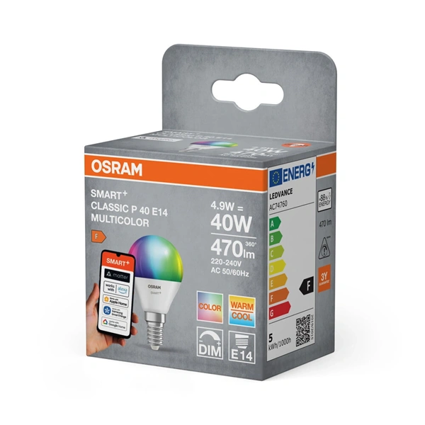 Osram SMART+ MATTER mini globe RGBW, állíth.színhőm. matt, 4,9W E14 fényforrás