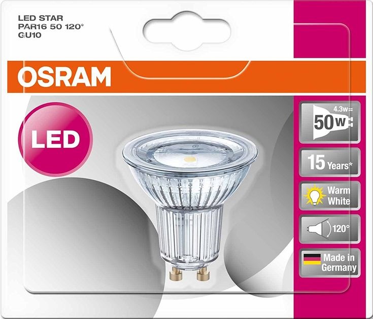Osram Star PAR16 üveg ház/4,3W/350lm/2700K/GU10/230V/120fok/81lm/W LED spot izzó