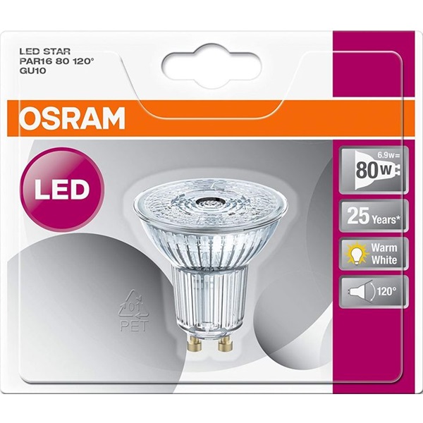 Osram Star PAR16 üveg ház/6,9W/575lm/2700K/GU10/230V/120fok/83lm/W LED spot izzó