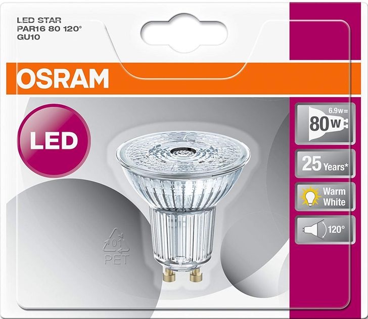 Osram Star PAR16 üveg ház/6,9W/575lm/2700K/GU10/230V/120fok/83lm/W LED spot izzó