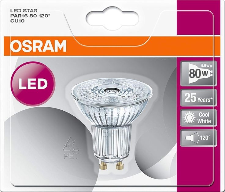 Osram Star PAR16 üveg ház/6,9W/575lm/4000K/GU10/230V/120fok/83lm/W LED spot izzó