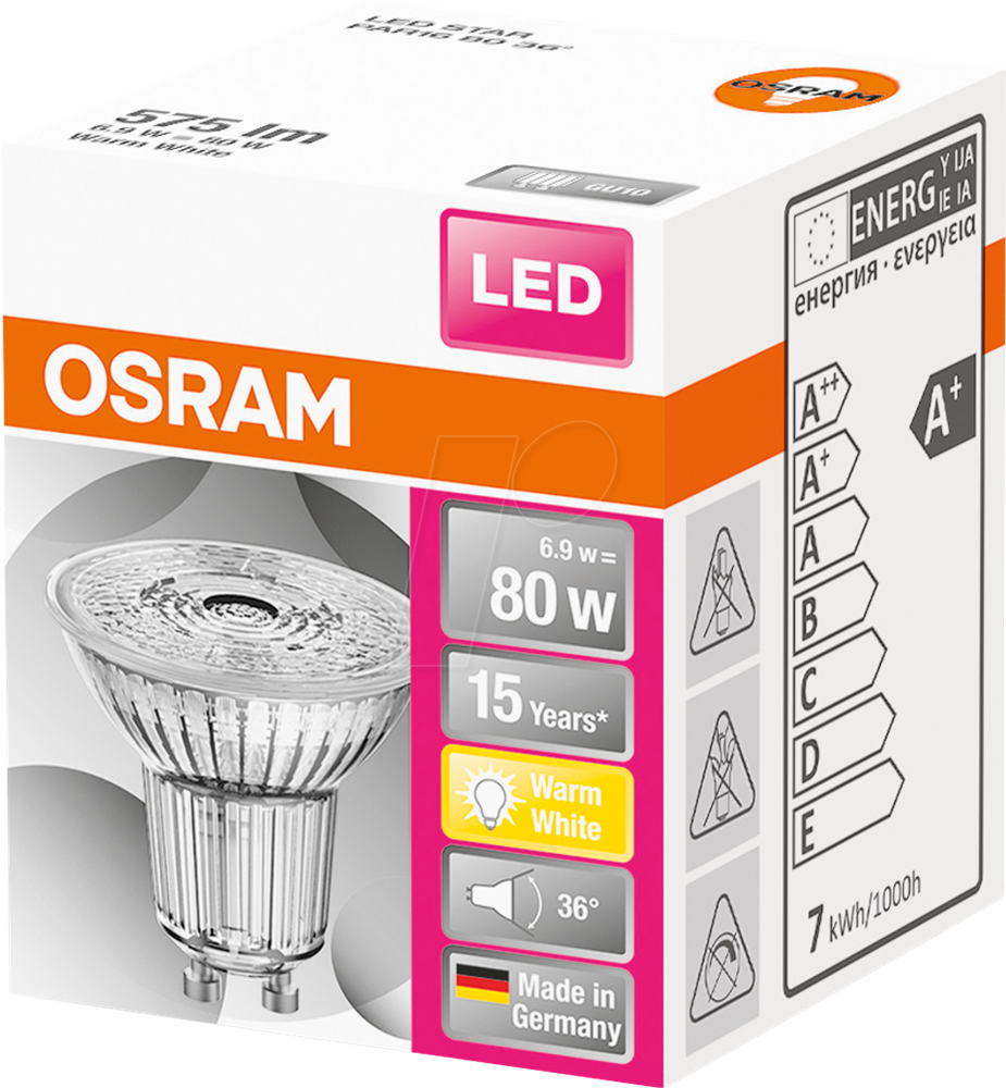 Osram Star PAR16 üveg ház/6,9W/575lm/2700K/GU10/230V/36fok/83lm/W LED spot izzó