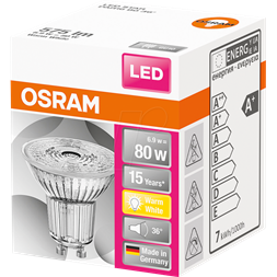 Osram Star PAR16 üveg ház/6,9W/575lm/2700K/GU10/230V/36fok/83lm/W LED spot izzó