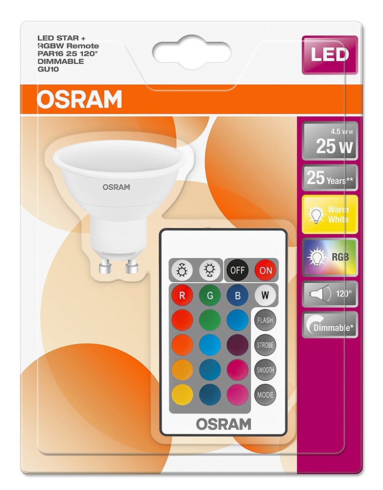 Osram Star+ RGBW/műanyag ház 4,5W/250lm/2700K/GU10 távirányítható LED PAR16 spot izzó