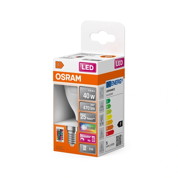 Osram Star+ RGBW/matt búra/5,5W/470lm/2700K/E14 távirányítható LED kisgömb izzó