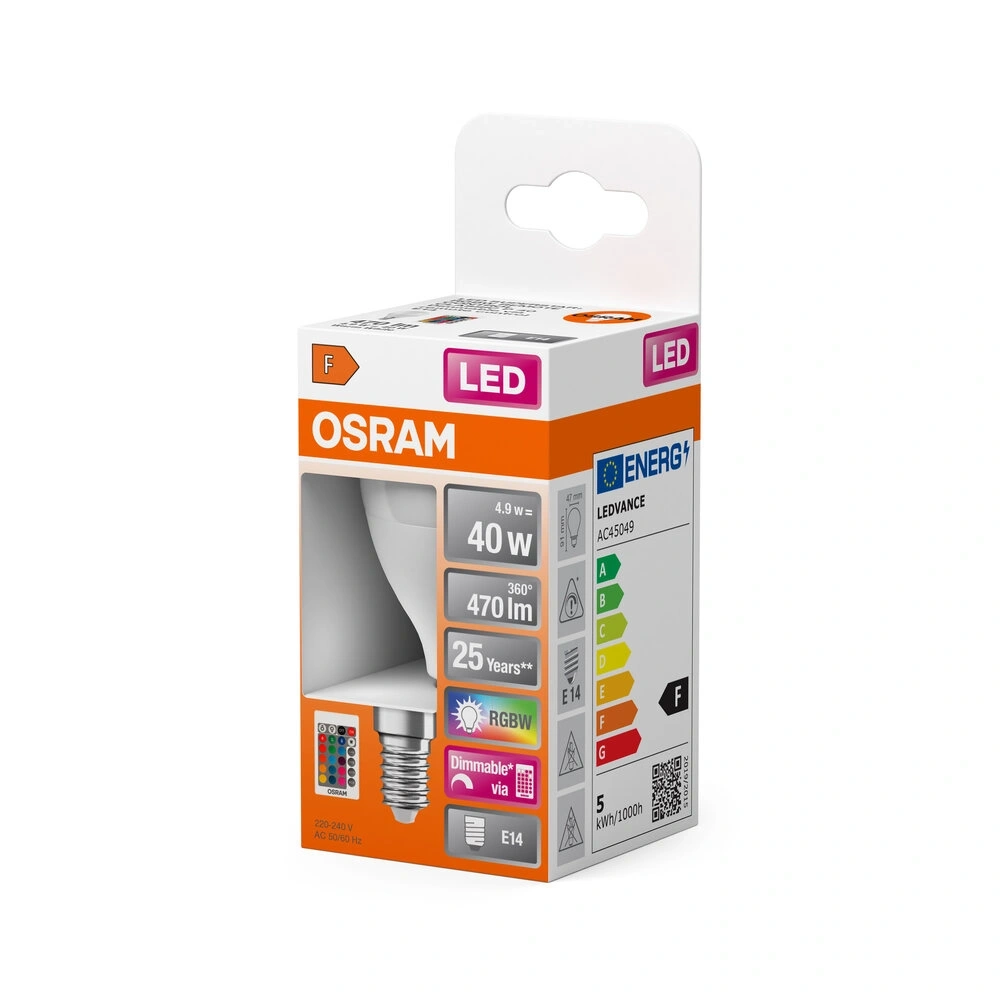 Osram Star+ RGBW/matt búra/5,5W/470lm/2700K/E14 távirányítható LED kisgömb izzó