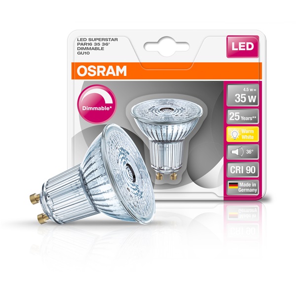 Osram Superstar PAR16 üveg ház/3,7W/230lm/2700K/GU10/230V dimmelhető LED spot izzó