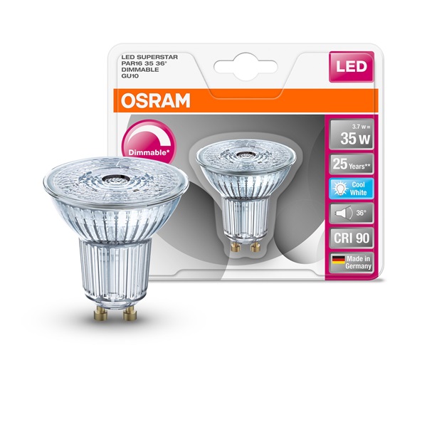 Osram Superstar PAR16 üveg ház/3,7W/230lm/4000K/GU10/230V dimmelhető LED spot izzó