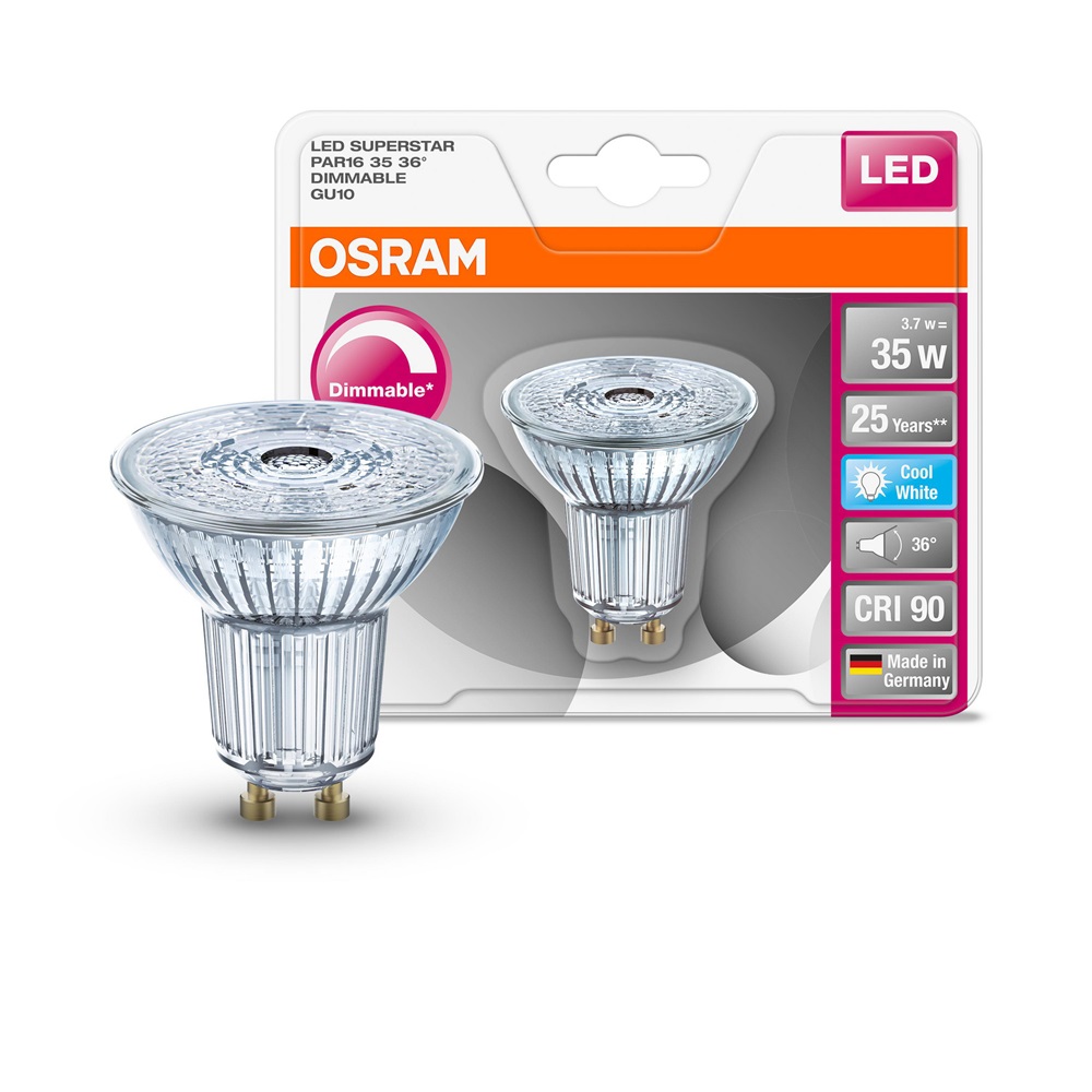 Osram Superstar PAR16 üveg ház/3,7W/230lm/4000K/GU10/230V dimmelhető LED spot izzó