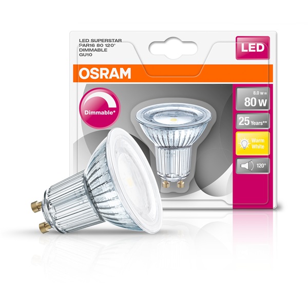 Osram Superstar PAR16 üveg ház/8W/575lm/2700K/GU10/230V/120fok dimmelhető LED spot izzó
