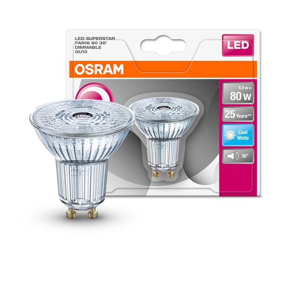 Osram Superstar PAR16 üveg ház/8W/575lm/4000K/GU10/230V/36fok dimmelhető LED spot izzó
