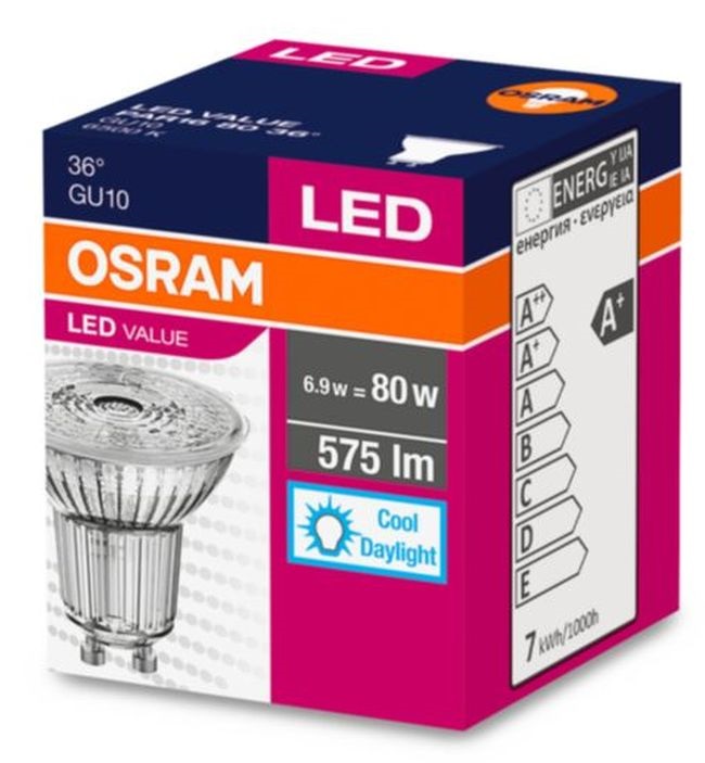 Osram Value PAR16 üveg ház/6,9W/575lm/3000K/GU10/230V/meleg fehér/120fok LED spot izzó