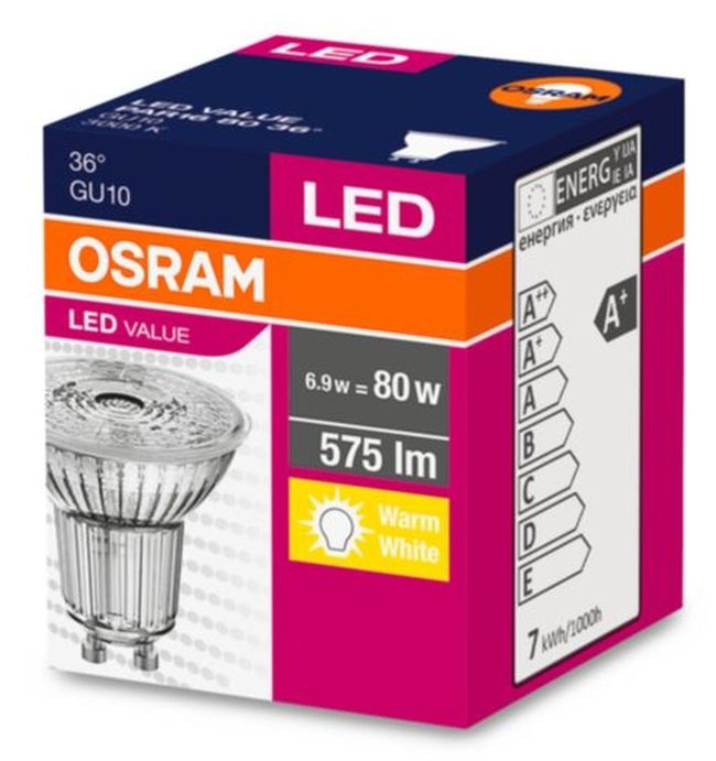 Osram Value PAR16 üveg ház/6,9W/575lm/3000K/GU10/230V/meleg fehér/36fok LED spot izzó