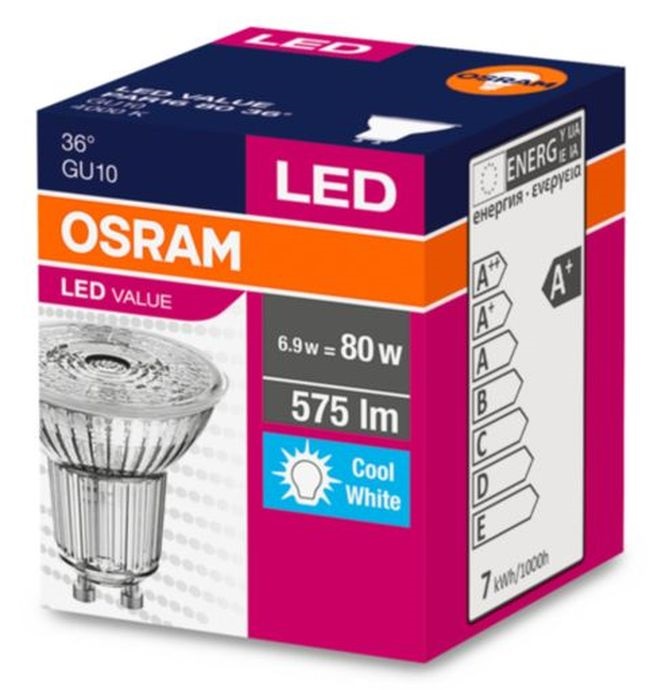 Osram Value PAR16 üveg ház/6,9W/575lm/4000K/GU10/230V/hideg fehér/36fok LED spot izzó