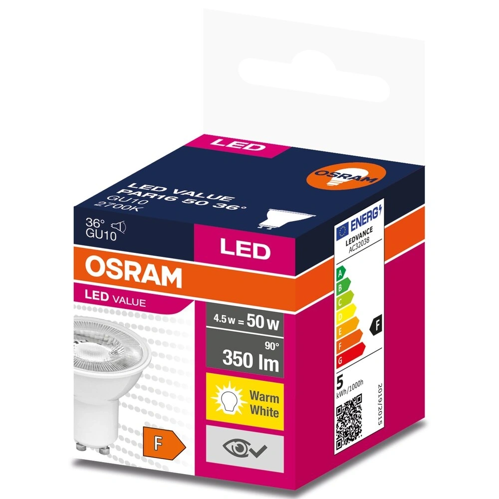 Osram Value PAR16 műanyag ház/5W/350lm/2700K/GU10/230V/36fok/70lm/W LED spot izzó