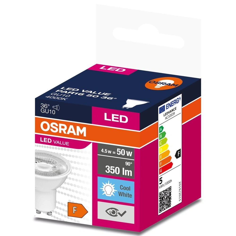 Osram Value PAR16 műanyag ház/5W/350lm/4000K/GU10/230V/36fok/70lm/W LED spot izzó