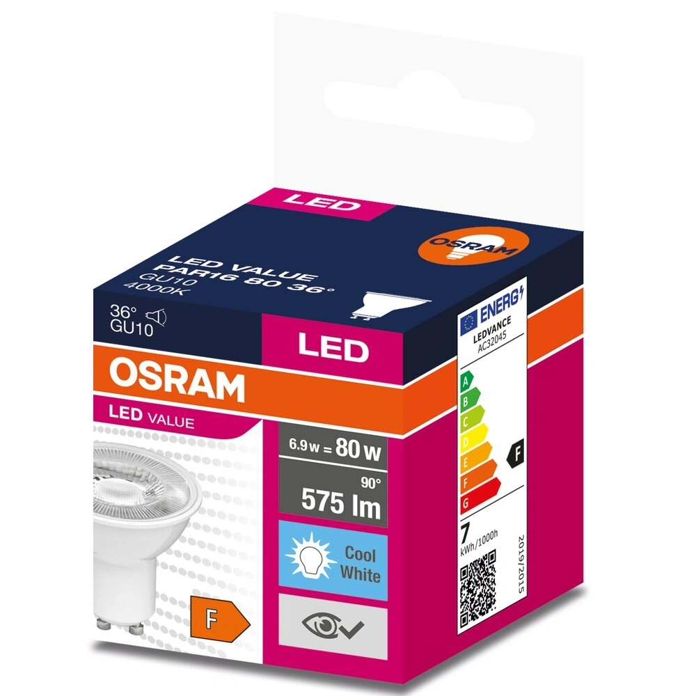 Osram Value PAR16 műanyag ház/6,9W/575lm/4000K/GU10/230V/36fok/83lm/W LED spot izzó