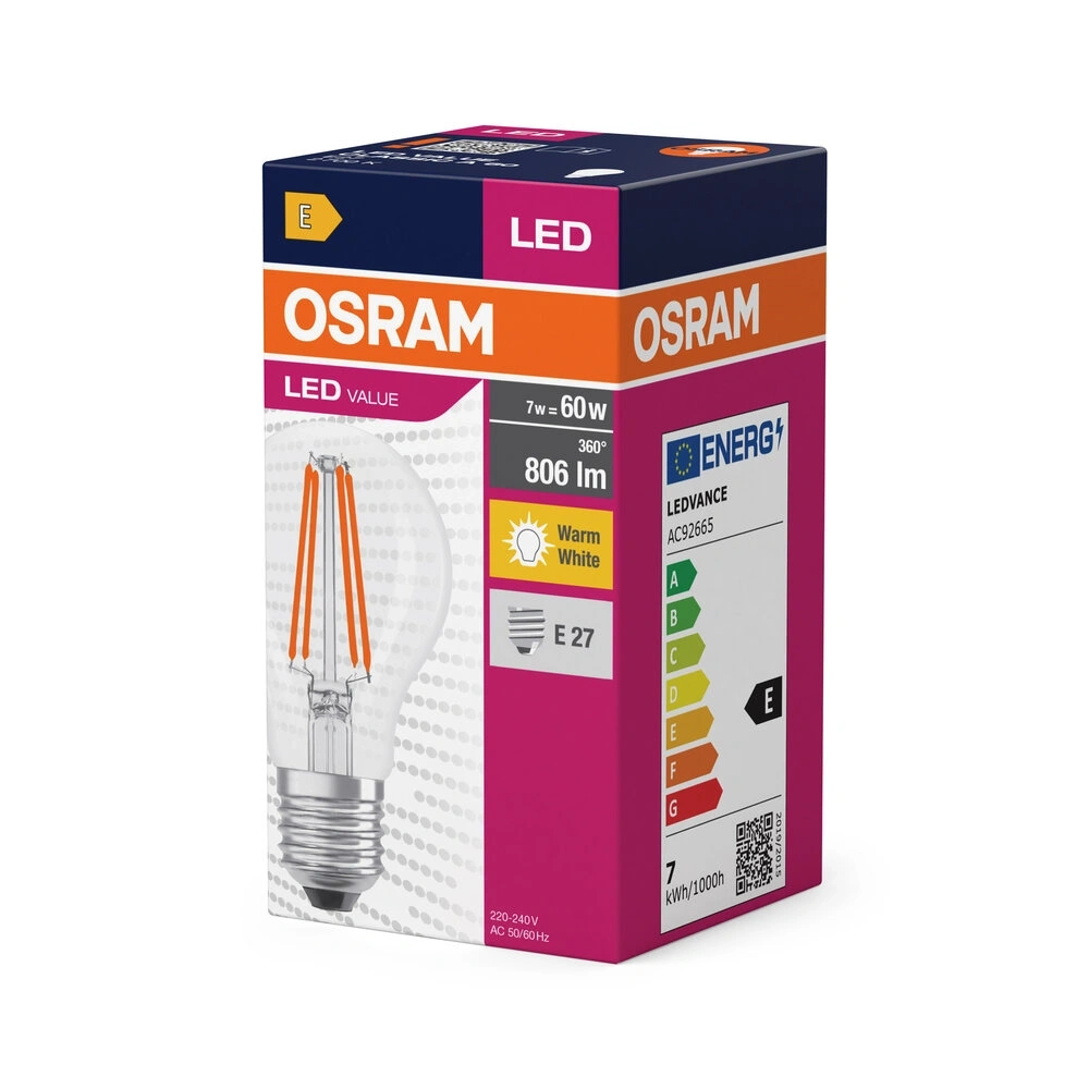 Osram Value átlátszó üveg búra/7W/827lm/2700K/E27 LED körte izzó