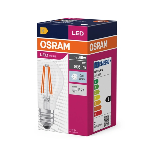 Osram Value átlátszó üveg búra/7W/840lm/4000K/E27 LED körte izzó