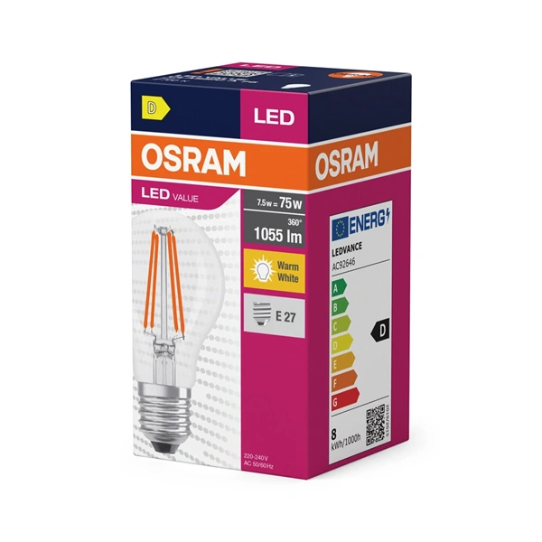 Osram Value átlátszó üveg búra/8W/827lm/2700K/E27 LED körte izzó