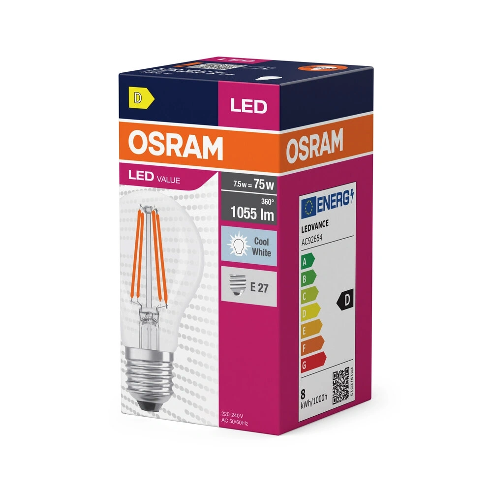 Osram Value átlátszó üveg búra/8W/840lm/4000K/E27 LED körte izzó