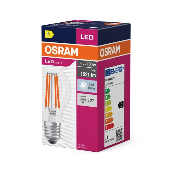 Osram Value átlátszó üveg búra E27 11W, 840m, 4000K hideg fehér LED körte izzó