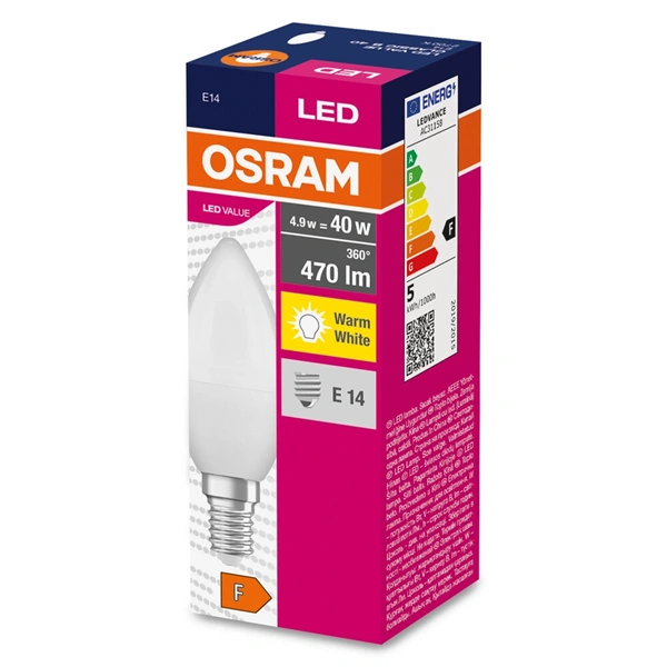 Osram Value opál búra/4,9W/827lm/2700K/E14 LED gyertya izzó