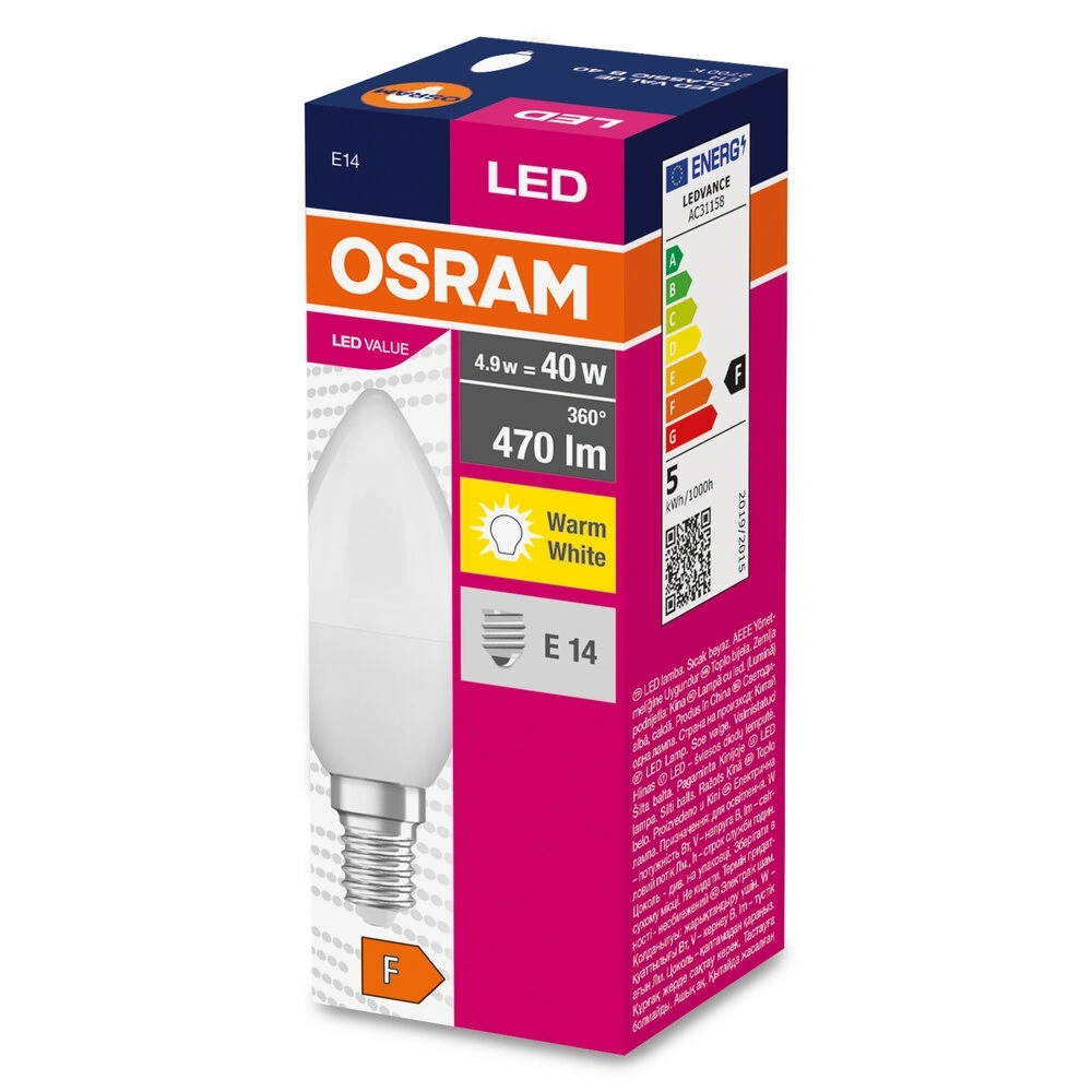 Osram Value opál búra/4,9W/827lm/2700K/E14 LED gyertya izzó