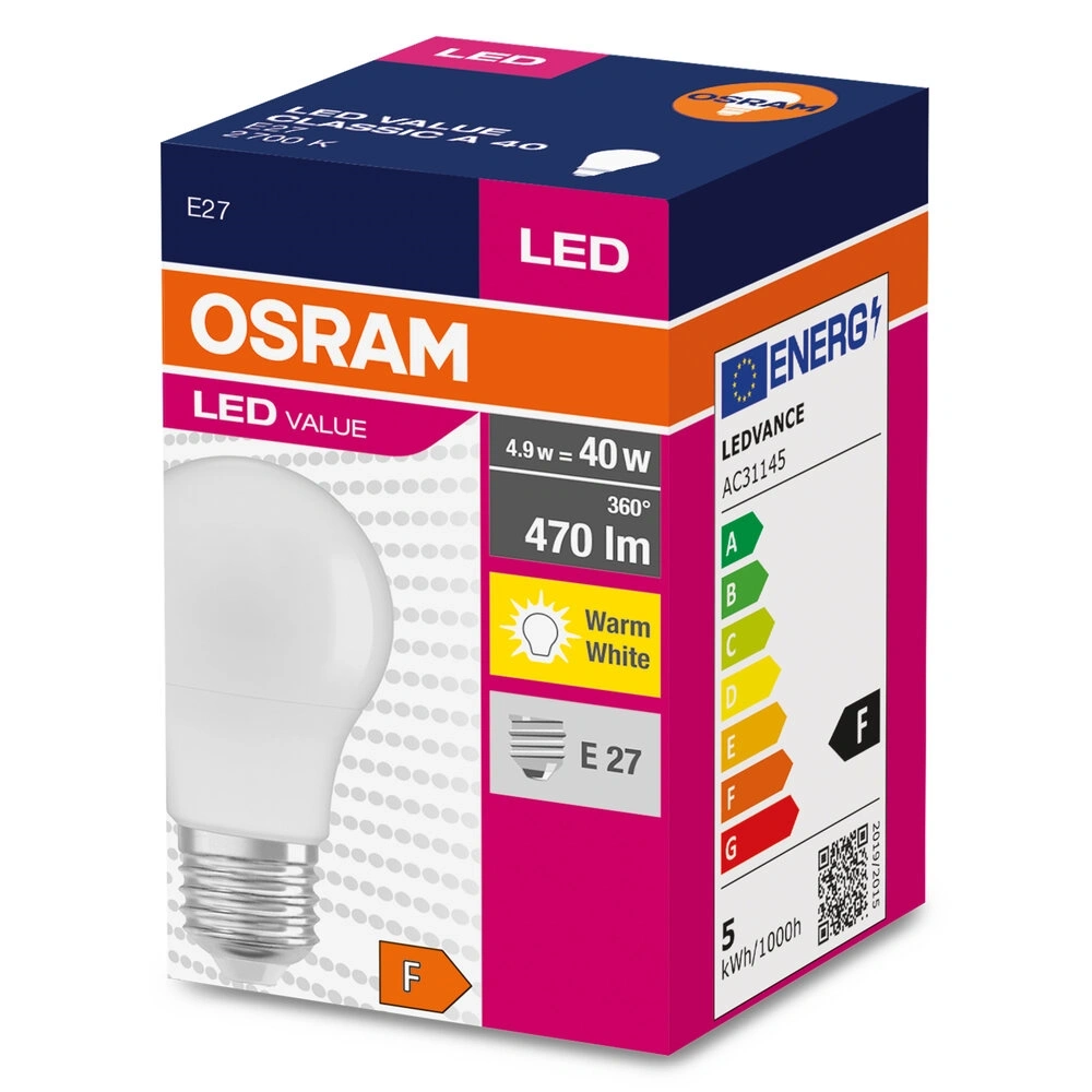 Osram Value opál búra/4,9W/827lm/2700K/E27 LED körte izzó