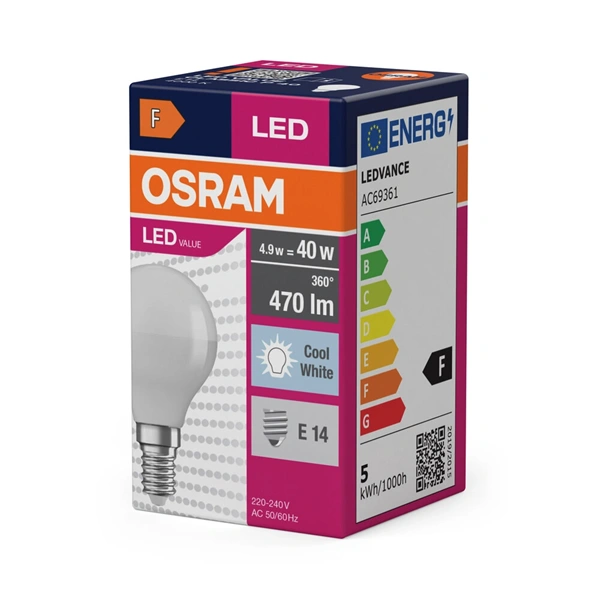 Osram Value opál búra/4,9W/840lm/4000K/E14 LED kisgömb izzó