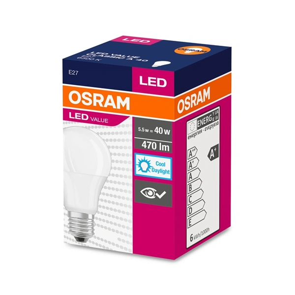 Osram Value opál búra/5,5W/470lm/6500K/E27 LED körte izzó